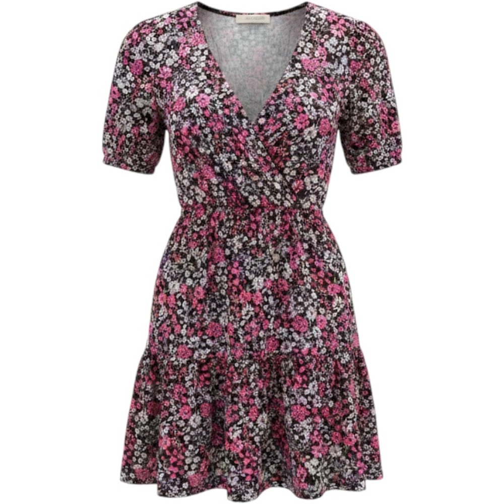 Rewind Womens Floral Mini Dress XS Black Pink V-Neck Ruffle Tiered Ribbed Knit